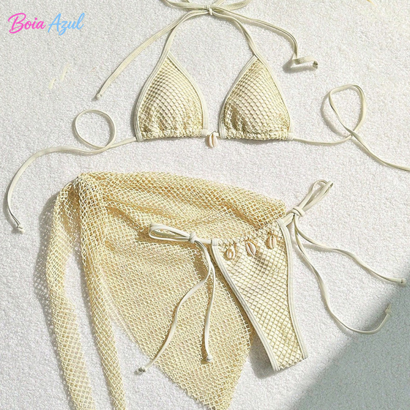 Mesh split bikini swimsuit mesh cover-up dress with shell three-piece set swimsuit sexy backless triangle-cup swimsuit