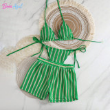 Striped knitted bikini swimwear multi-color affordable three-piece swimwear set fashionable beach women's swimwear