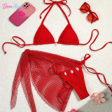 Mesh split bikini swimsuit mesh cover-up dress with shell three-piece set swimsuit sexy backless triangle-cup swimsuit