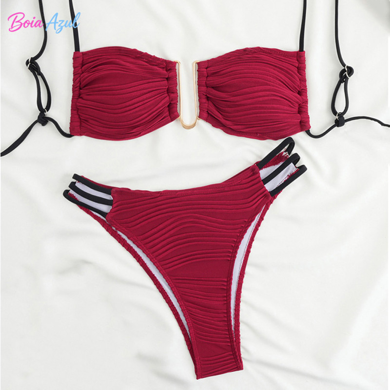 Women's pleated bandeau bikini swimsuit golden U-shaped metal mesh two-piece swimsuit beach women's swimsuit