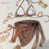 Mesh split bikini swimsuit mesh cover-up dress with shell three-piece set swimsuit sexy backless triangle-cup swimsuit