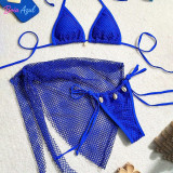 Mesh split bikini swimsuit mesh cover-up dress with shell three-piece set swimsuit sexy backless triangle-cup swimsuit