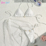 Mesh split bikini swimsuit mesh cover-up dress with shell three-piece set swimsuit sexy backless triangle-cup swimsuit