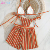 Striped knitted bikini swimwear multi-color affordable three-piece swimwear set fashionable beach women's swimwear