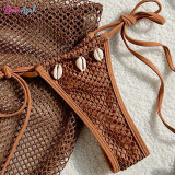 Mesh split bikini swimsuit mesh cover-up dress with shell three-piece set swimsuit sexy backless triangle-cup swimsuit