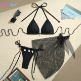 Mesh split bikini swimsuit mesh cover-up dress with shell three-piece set swimsuit sexy backless triangle-cup swimsuit