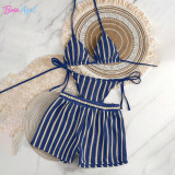 Striped knitted bikini swimwear multi-color affordable three-piece swimwear set fashionable beach women's swimwear