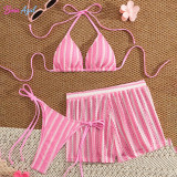 Striped knitted bikini swimwear multi-color affordable three-piece swimwear set fashionable beach women's swimwear