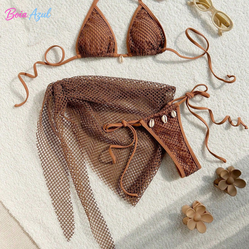 Mesh split bikini swimsuit mesh cover-up dress with shell three-piece set swimsuit sexy backless triangle-cup swimsuit