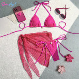 Mesh split bikini swimsuit mesh cover-up dress with shell three-piece set swimsuit sexy backless triangle-cup swimsuit