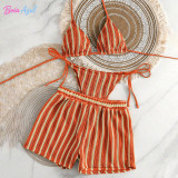 Striped knitted bikini swimwear multi-color affordable three-piece swimwear set fashionable beach women's swimwear