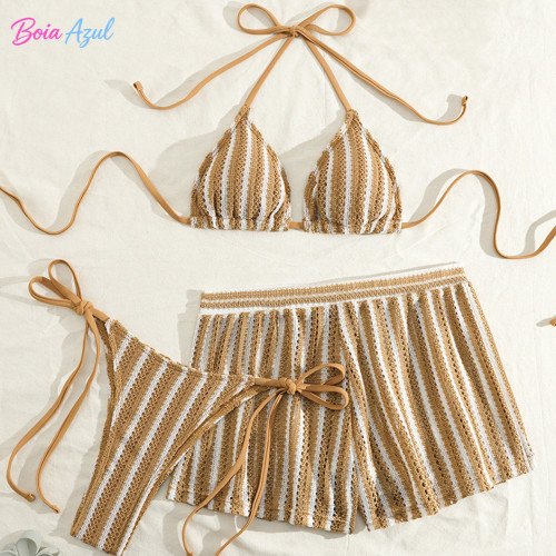 Striped knitted bikini swimwear multi-color affordable three-piece swimwear set fashionable beach women's swimwear