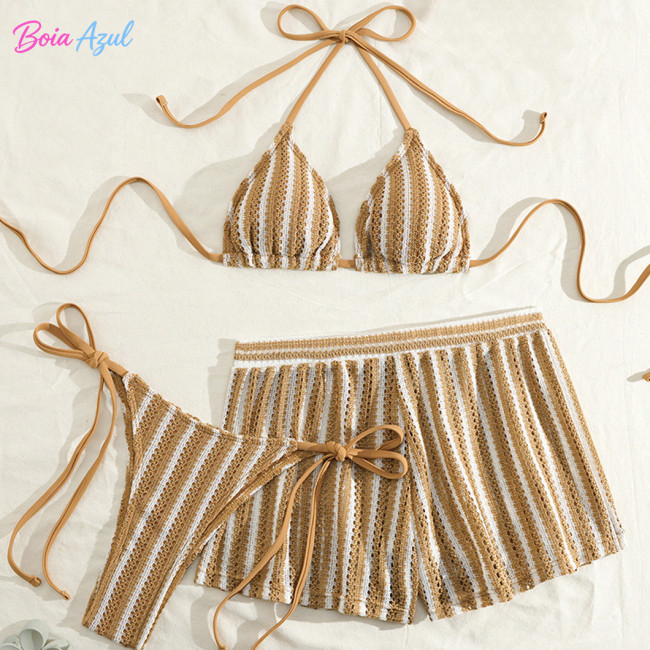 Striped knitted bikini swimwear multi-color affordable three-piece swimwear set fashionable beach women's swimwear