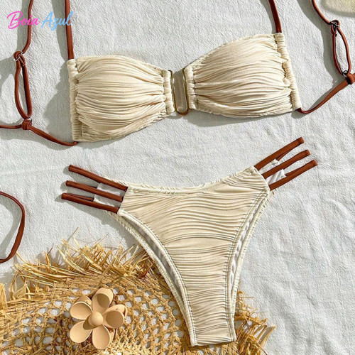 Women's pleated bandeau bikini swimsuit golden U-shaped metal mesh two-piece swimsuit beach women's swimsuit