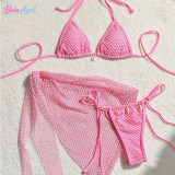 Mesh split bikini swimsuit mesh cover-up dress with shell three-piece set swimsuit sexy backless triangle-cup swimsuit