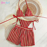 Striped knitted bikini swimwear multi-color affordable three-piece swimwear set fashionable beach women's swimwear