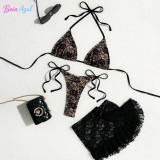Floral lace three-piece bikini swimwear net-sheen ruffled cover-up swimwear sexy backless beach swimsuit