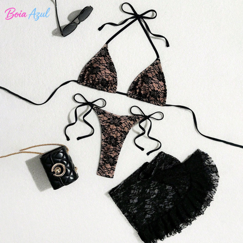 Floral lace three-piece bikini swimwear net-sheen ruffled cover-up swimwear sexy backless beach swimsuit
