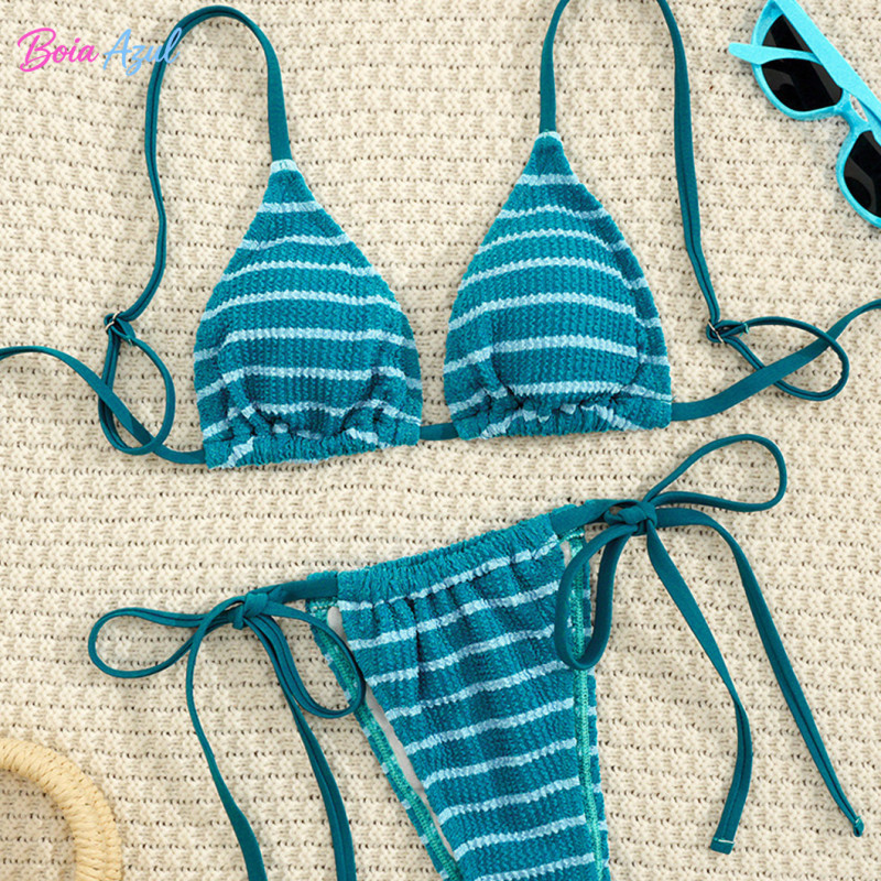 Striped texture triangle cup bikini swimwear multi-color neck strap two-piece swimwear sexy backless swimwear