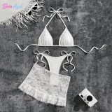 Floral lace three-piece bikini swimwear net-sheen ruffled cover-up swimwear sexy backless beach swimsuit