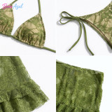 Floral lace three-piece bikini swimwear net-sheen ruffled cover-up swimwear sexy backless beach swimsuit