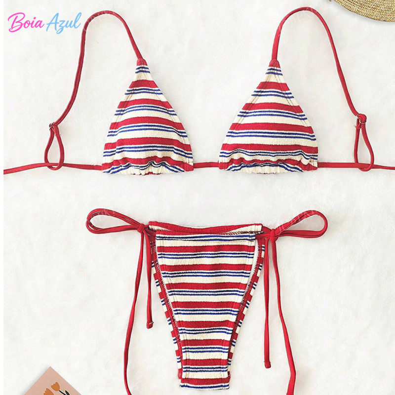 Striped texture triangle cup bikini swimwear multi-color neck strap two-piece swimwear sexy backless swimwear