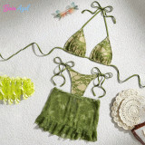 Floral lace three-piece bikini swimwear net-sheen ruffled cover-up swimwear sexy backless beach swimsuit