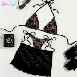 Floral lace three-piece bikini swimwear net-sheen ruffled cover-up swimwear sexy backless beach swimsuit