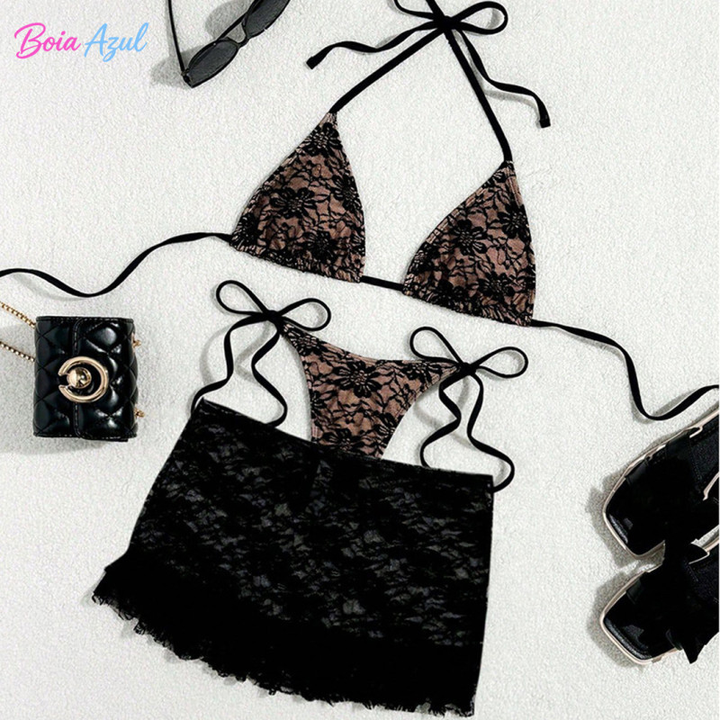 Floral lace three-piece bikini swimwear net-sheen ruffled cover-up swimwear sexy backless beach swimsuit