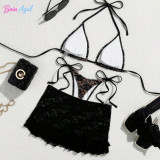 Floral lace three-piece bikini swimwear net-sheen ruffled cover-up swimwear sexy backless beach swimsuit