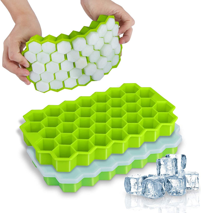 Ice Cube Trays, 2 Pack Silicone Ice Cube Molds with Lid Flexible 74-Ice Trays BPA Free, for Whiskey, Cocktail, Stackable Flexible Safe Ice Cube Molds