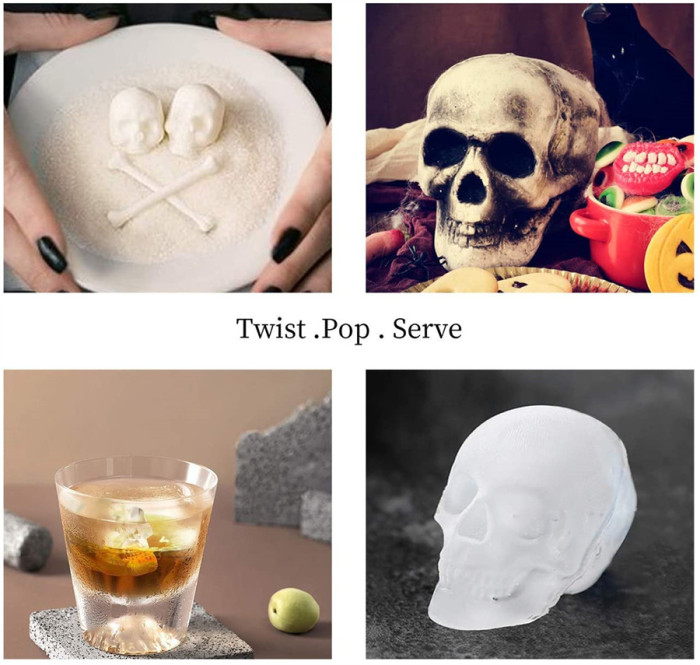Halloween Skull Ice Molds Silicone Ice Cube Trays for Whiskey Cocktails and Vodka with Lid