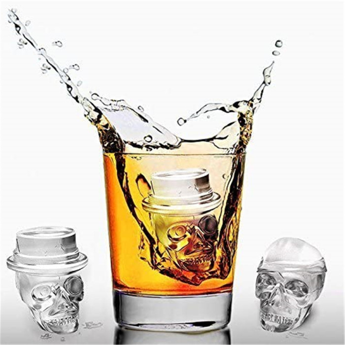Halloween Skull Ice Molds Silicone Ice Cube Trays for Whiskey Cocktails and Vodka with Lid