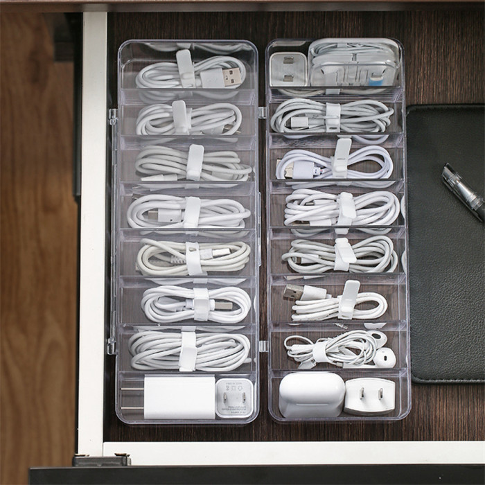 Cable organizer clear power cord electronics desk accessories storage box with 10 wire ties 8 compartments office home living
