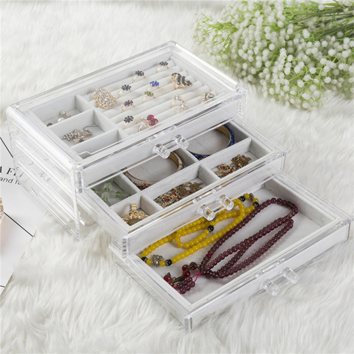 3 layers drawer type storage box with lid for earrings pendants bracelet, necklaces jewelry
