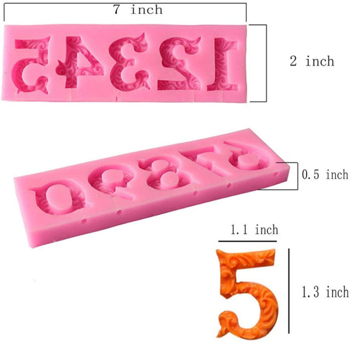 Silicone Number 0-9 3D Embossed Fondant Chocolate Mold with Stick Hole for Birthday Cake Decorating DIY Baking, Pink
