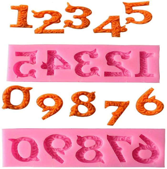 Silicone Number 0-9 3D Embossed Fondant Chocolate Mold with Stick Hole for Birthday Cake Decorating DIY Baking, Pink