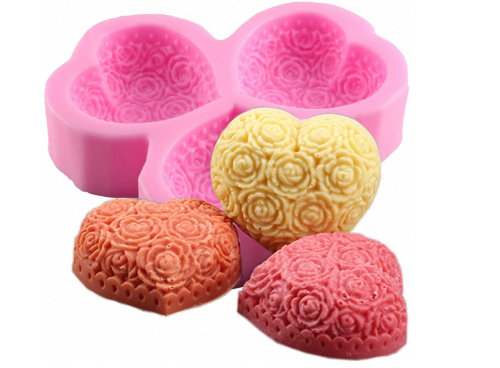3-Cavity Heart Shaped Rose Flower Silicone Mold for Soap, Lotion Bar, Bath Bomb, Candle