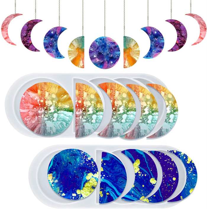 2PCS Moon Phase Resin Molds, Lunar Eclipse Crescent Silicone   Molds, Geode Agate Epoxy Moulds Making Decoration/Wall Hanging  (Small+Big)