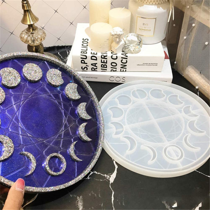 Moon Phase Round Tray Silicone Mold, Crescent Half Moon Lunar Eclipse Full Moon Epoxy Resin for Wall Hanging, Earrings, Pendant, Keychain Epoxy Mold
