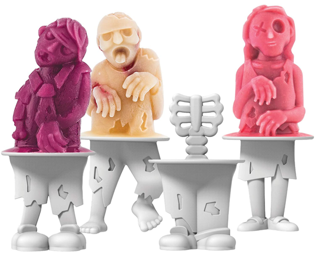 Zombies Ice Pop Molds, Flexible Silicone, Easily-Removable, Dishwasher Safe, Set of 4 Popsicle Makers with Sticks