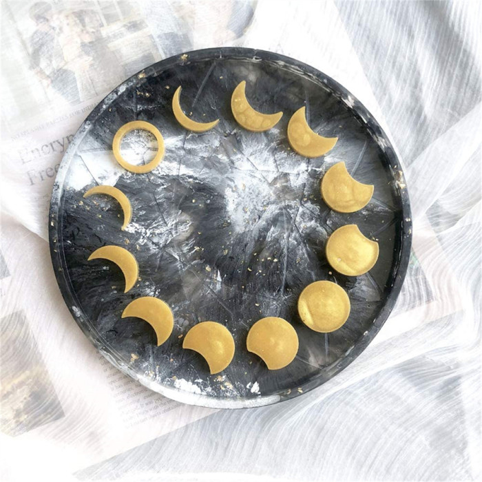 Moon Phase Round Tray Silicone Mold, Crescent Half Moon Lunar Eclipse Full Moon Epoxy Resin for Wall Hanging, Earrings, Pendant, Keychain Epoxy Mold