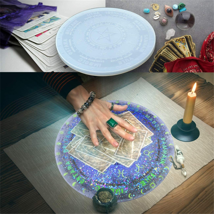 Tarot Divination Mat Resin Mold, Round Divination Board Constellation Moon Phase Large Tray Silicone Mold for Making Home Decoration, DIY Craft Making