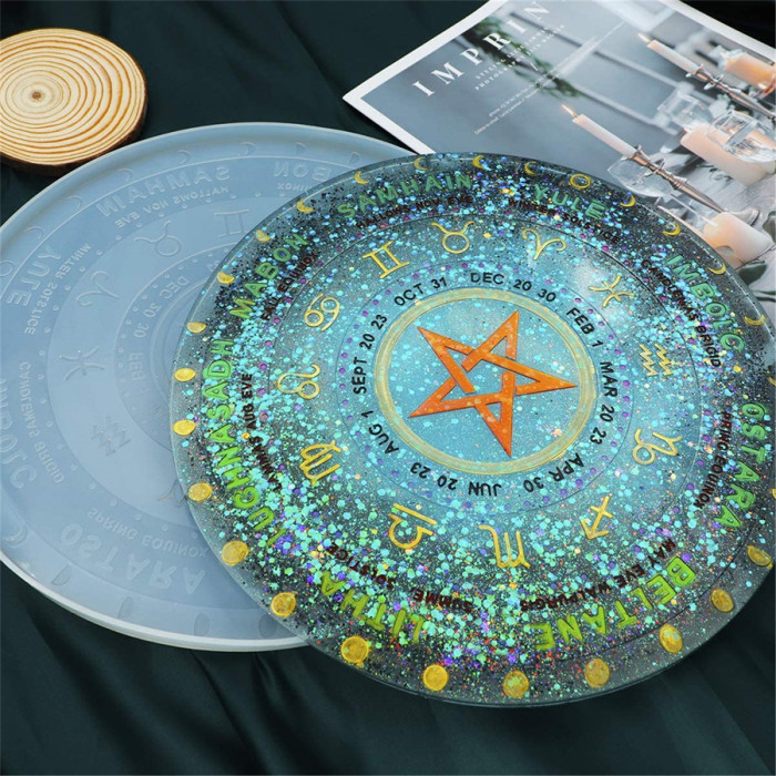 Tarot Divination Mat Resin Mold, Round Divination Board Constellation Moon Phase Large Tray Silicone Mold for Making Home Decoration, DIY Craft Making