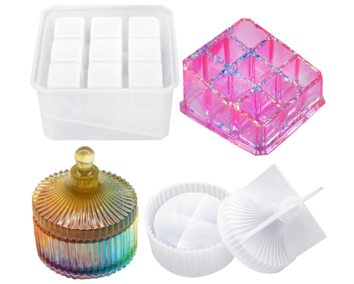 Box Resin Molds, Silicone Jewelry Box Molds with 9-Slot Epoxy Resin Molds, Round Trinket Box Molds for Making Resin Box