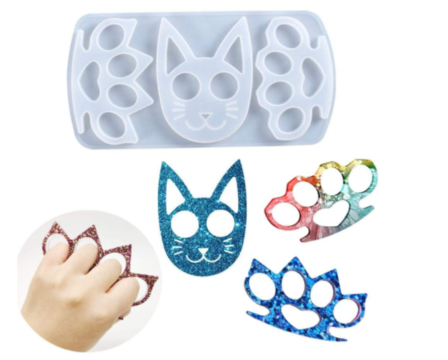 Three-in-one Self-Defense Cat Keychain Pendants Silicone Mold + 3D Knuckles Resin Molds Finger Keychain Mold Cover Ring Silicone Casting Molds for Jewelry/Keychain/Handmade Gift Making (Cat + Finger)