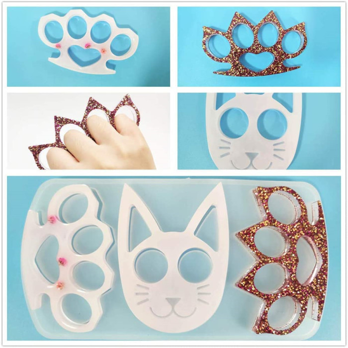 Three-in-one Self-Defense Cat Keychain Pendants Silicone Mold + 3D Knuckles Resin Molds Finger Keychain Mold Cover Ring Silicone Casting Molds for Jewelry/Keychain/Handmade Gift Making (Cat + Finger)