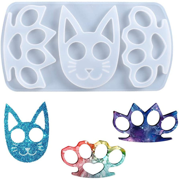 Three-in-one Self-Defense Cat Keychain Pendants Silicone Mold + 3D Knuckles Resin Molds Finger Keychain Mold Cover Ring Silicone Casting Molds for Jewelry/Keychain/Handmade Gift Making (Cat + Finger)