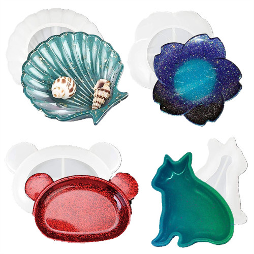 4 Pcs Dish Resin Mold/Flower Cat Sea Shell Bear Shaped Tray Silicone Molds for Epoxy Resin Casting Jewelry Trinket Dish, Ring Holder, Home Decoration
