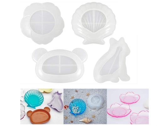 4 Pcs Dish Resin Mold/Flower Cat Sea Shell Bear Shaped Tray Silicone Molds for Epoxy Resin Casting Jewelry Trinket Dish, Ring Holder, Home Decoration